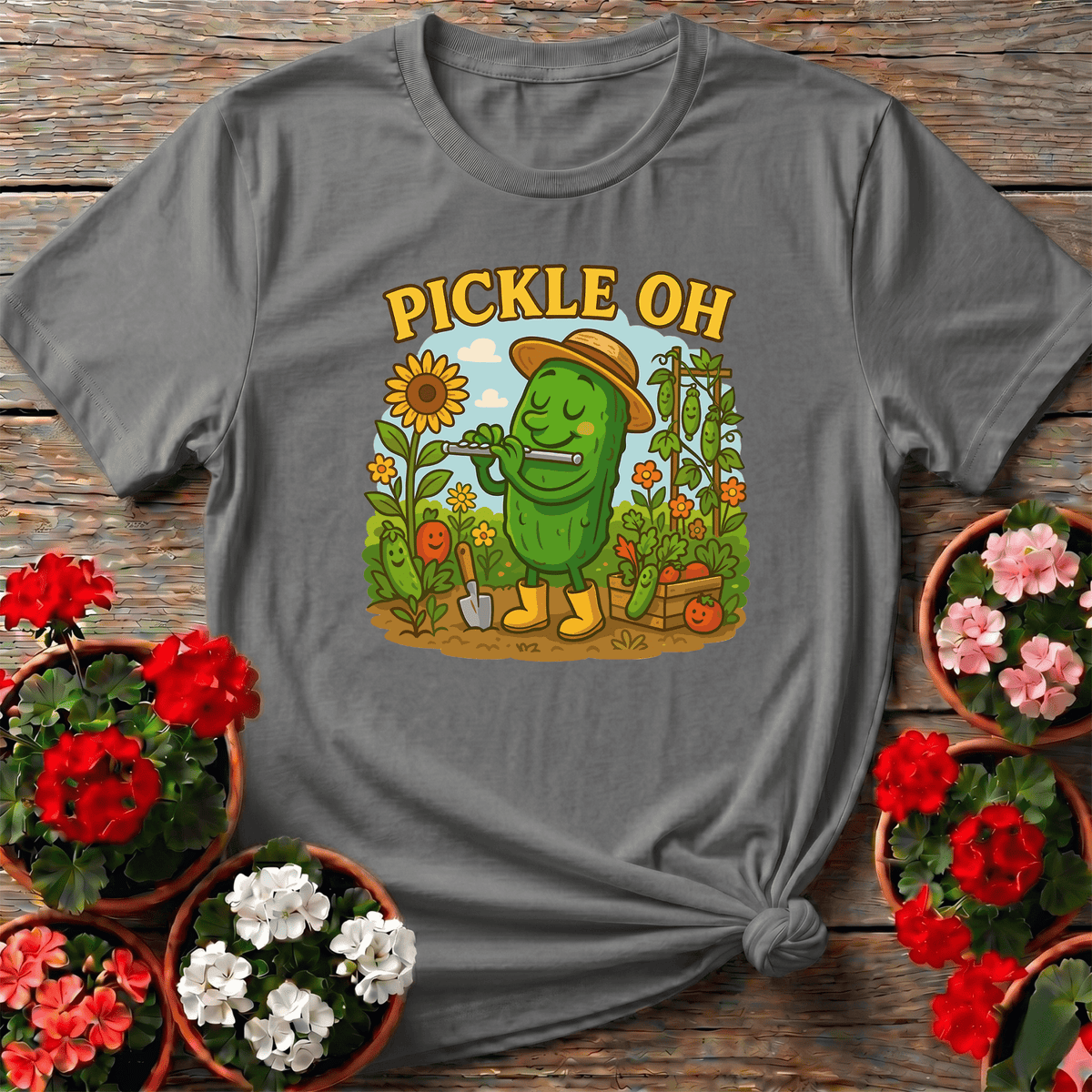 Sport Gray retro absurdist pickle in rubber boots gardening shirt for cucumber growers