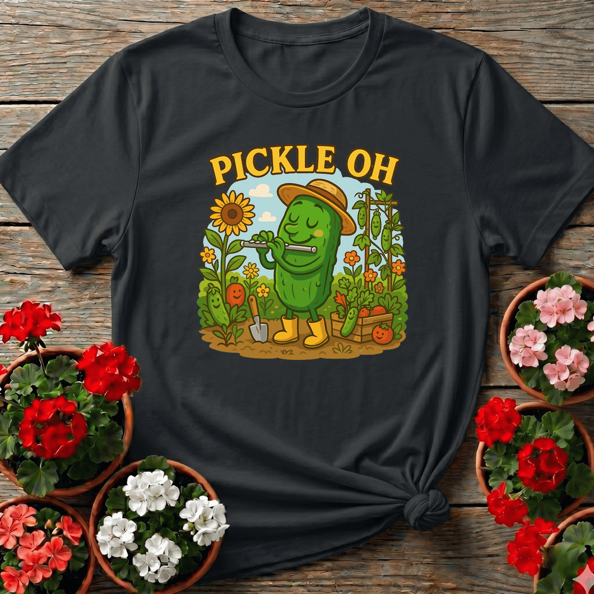 Black retro cartoon pickle gardening tee "Pickle Oh" for vegetable garden humor lovers