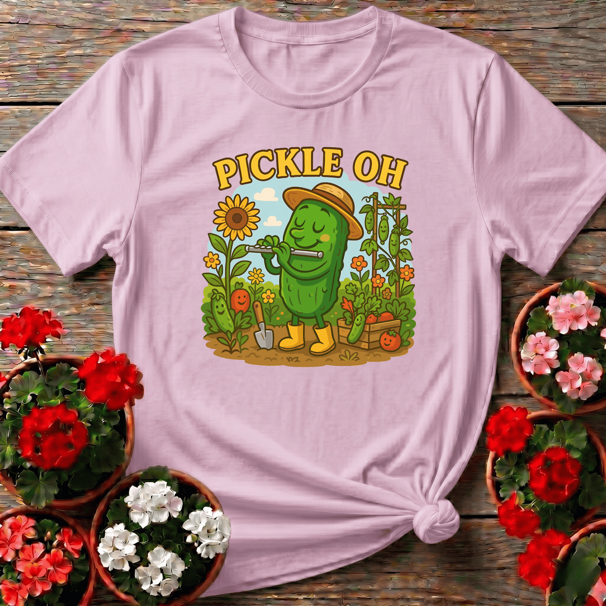 Light Pink cheerful retro pickle gardener apparel for funny vegetable garden gift giving