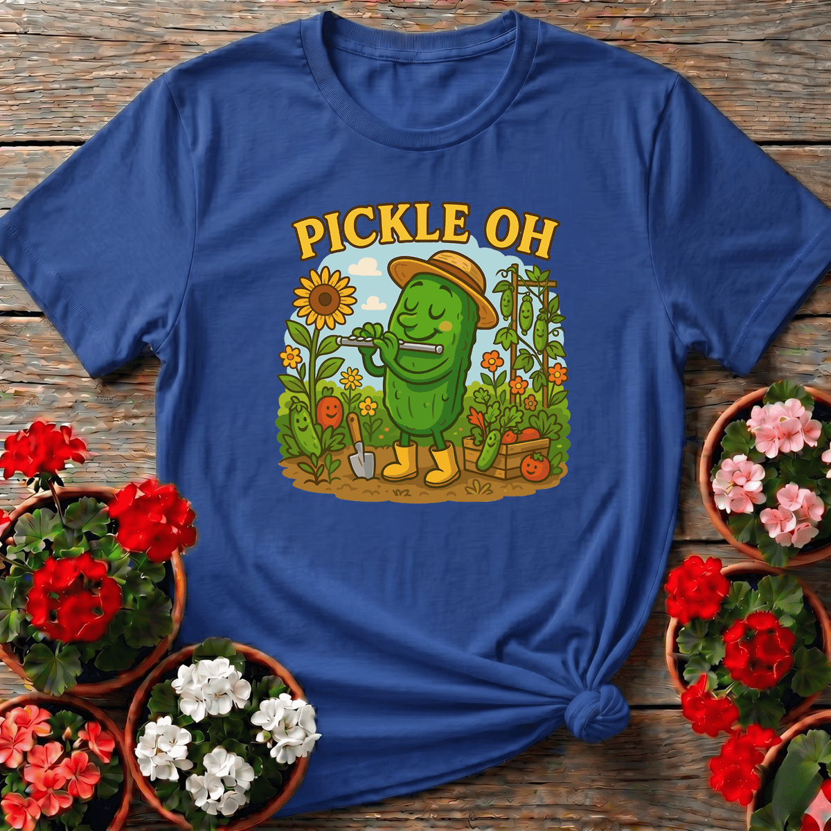Royal Saturday-morning-cartoon style pickle gardener tee for vegetable patch enthusiasts