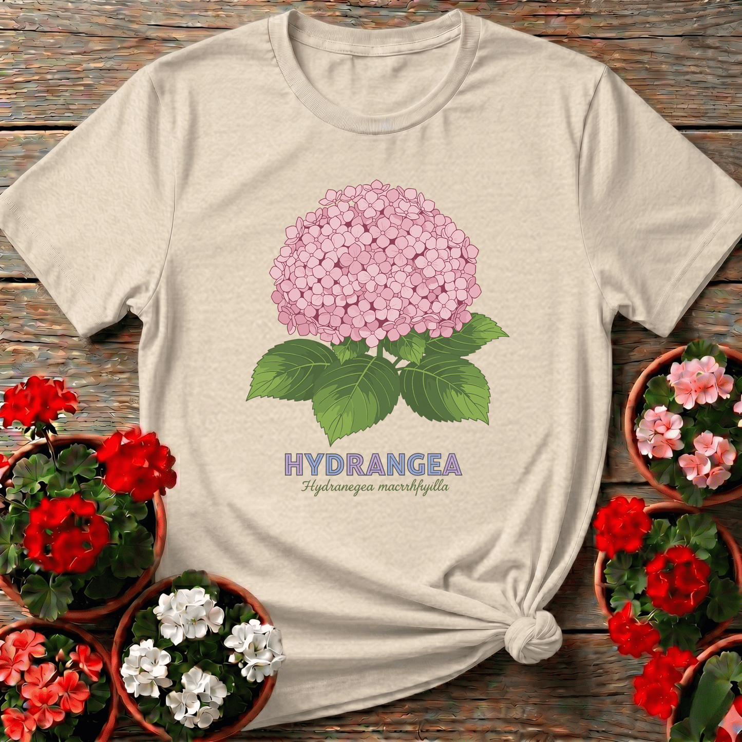 Pink Hydrangea Botanical Illustration Gardening T-Shirt - GardeningTshirts