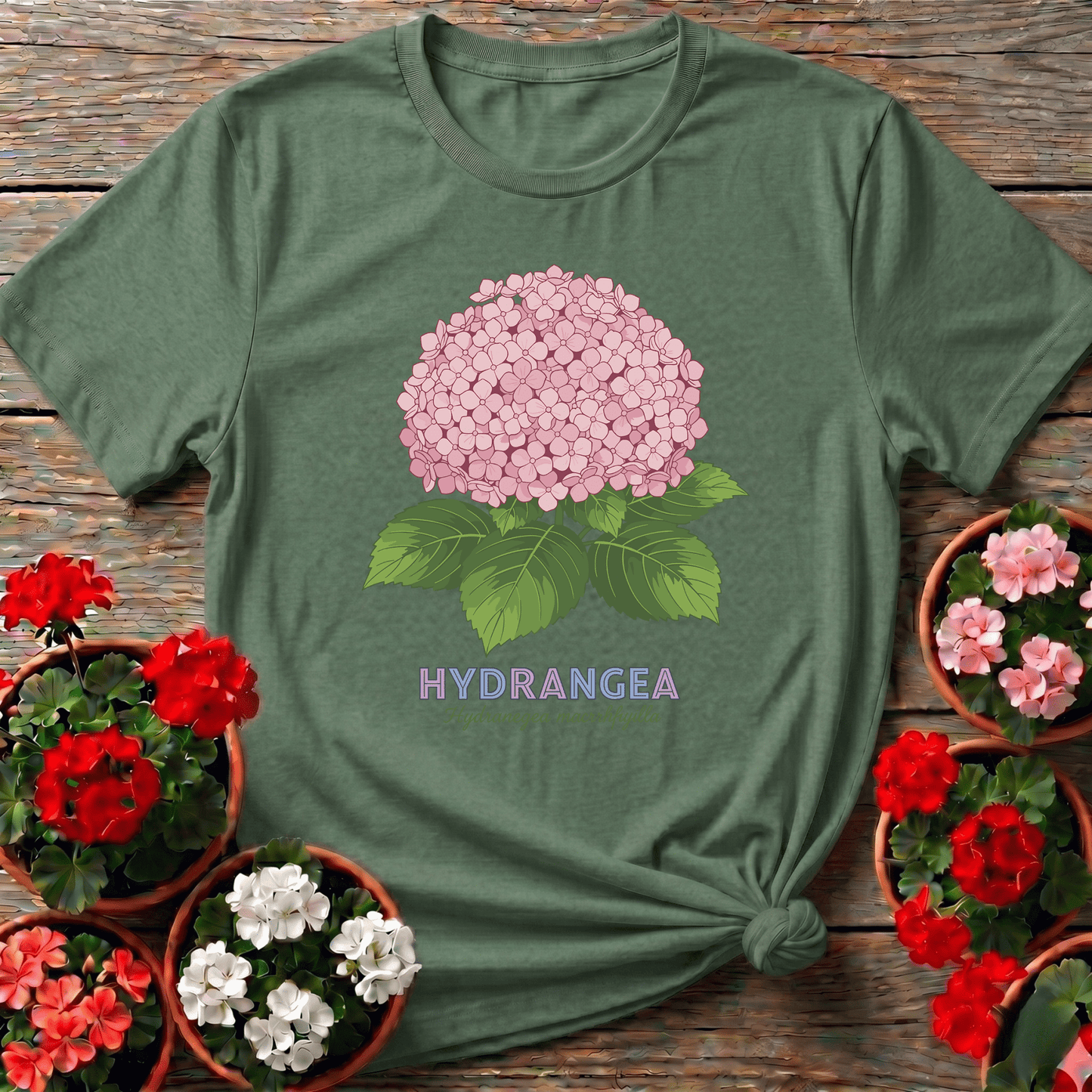 Pink Hydrangea Botanical Illustration Gardening T-Shirt - GardeningTshirts