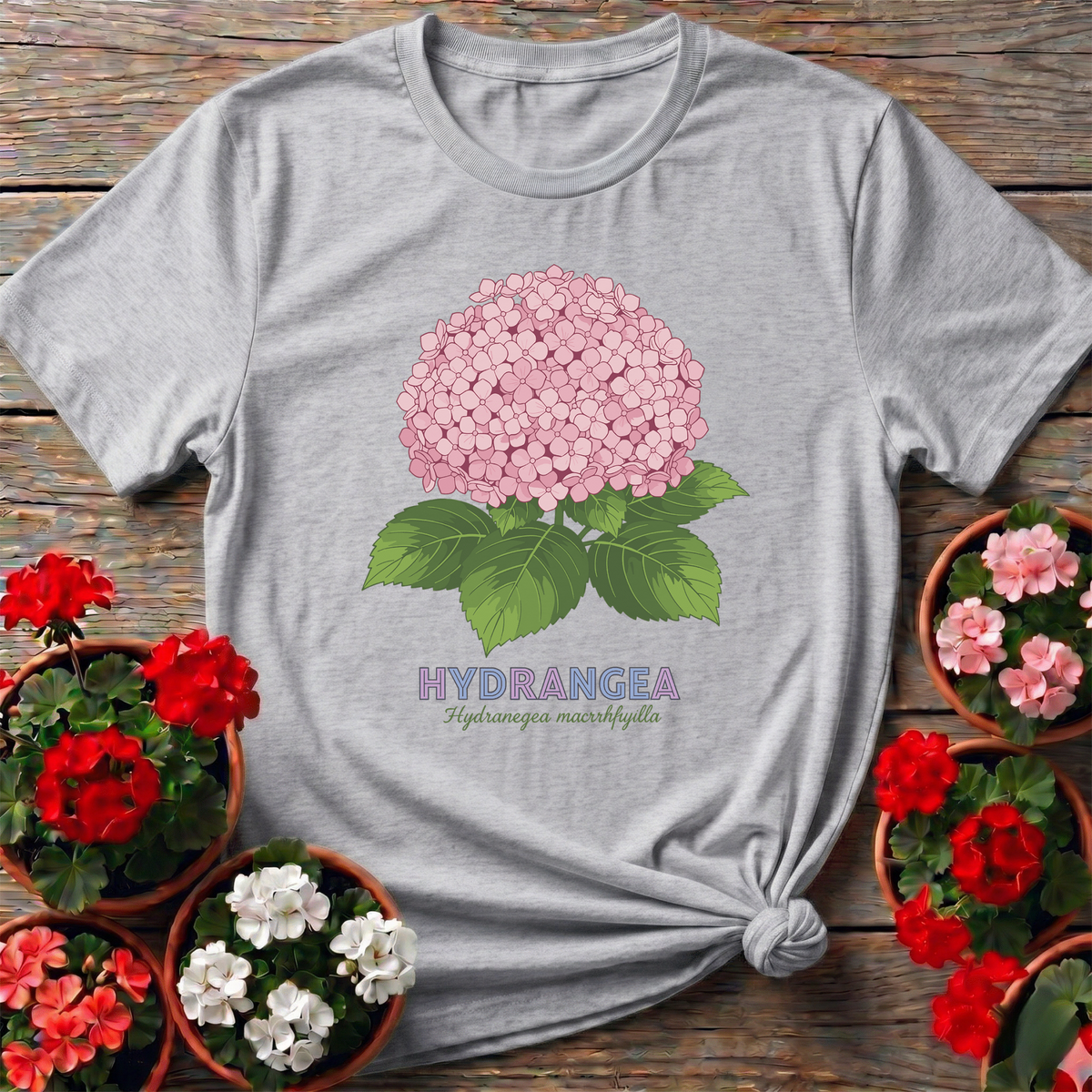 Pink Hydrangea Botanical Illustration Gardening T-Shirt - GardeningTshirts