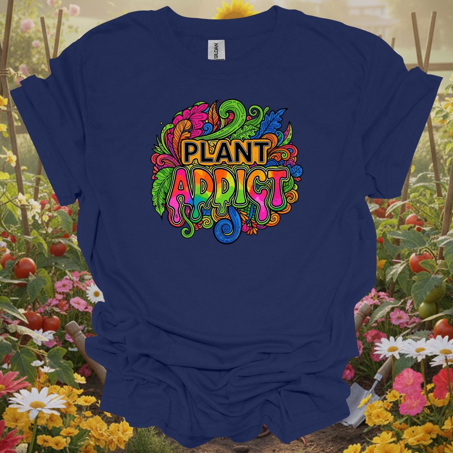 Navy shirt showing plant addict psychedelic doodle art for home gardeners