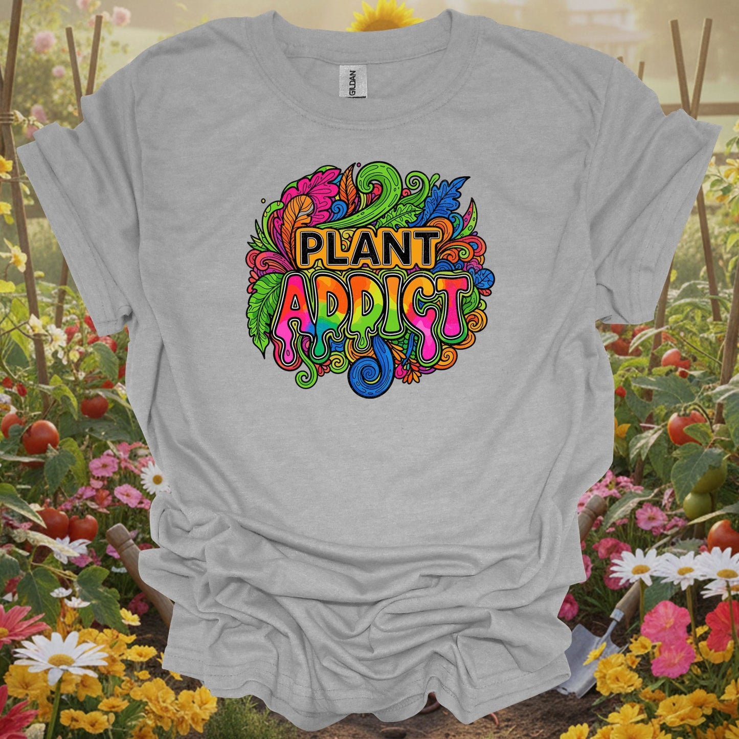 Sport Grey tshirt showing plant addict psychedelic doodle art for backyard growers
