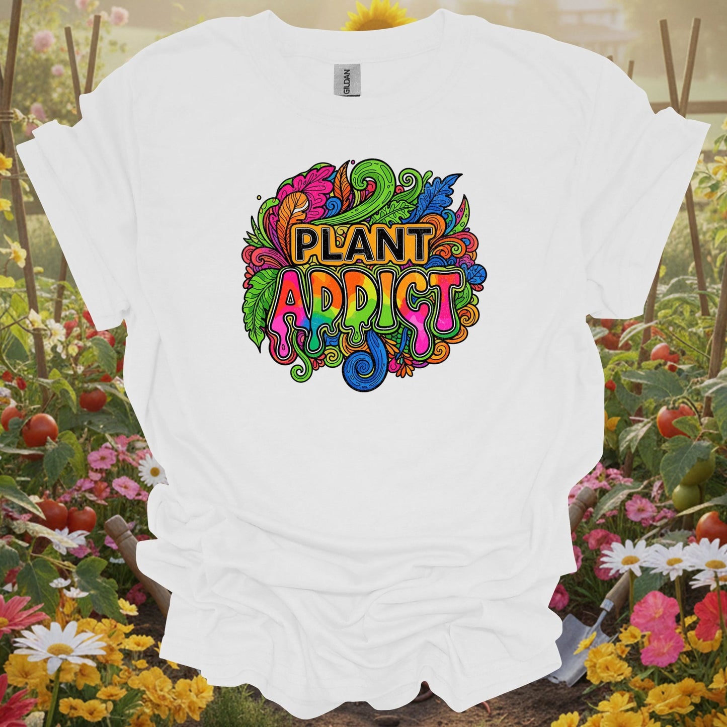 White tee showing plant addict psychedelic doodle art for garden hobbyists