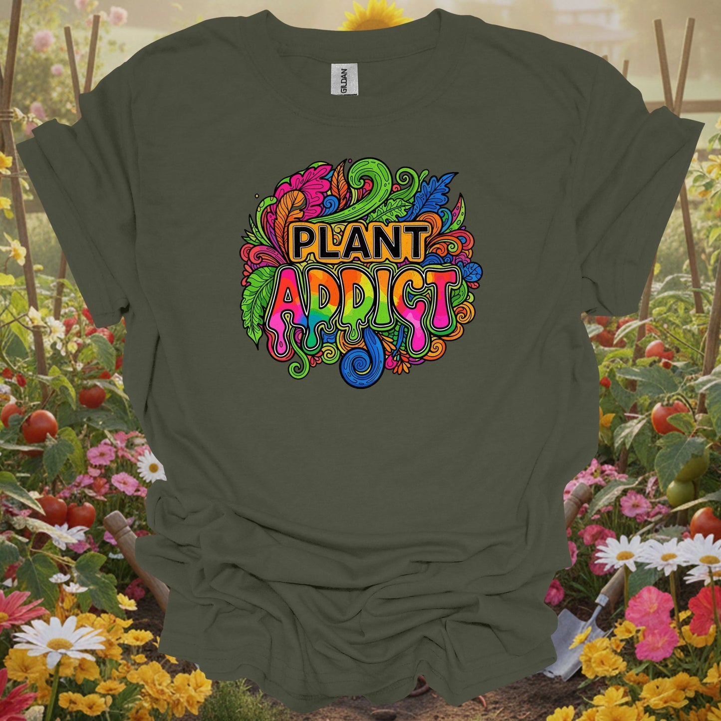 Military Green top showing plant addict psychedelic doodle art for nature lovers