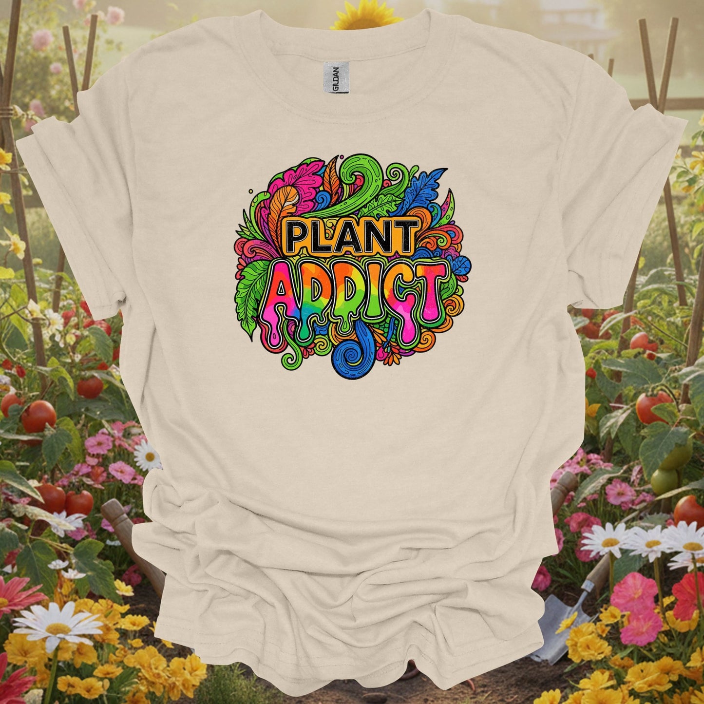 Natural tshirt showing plant addict psychedelic doodle art for people who love plants