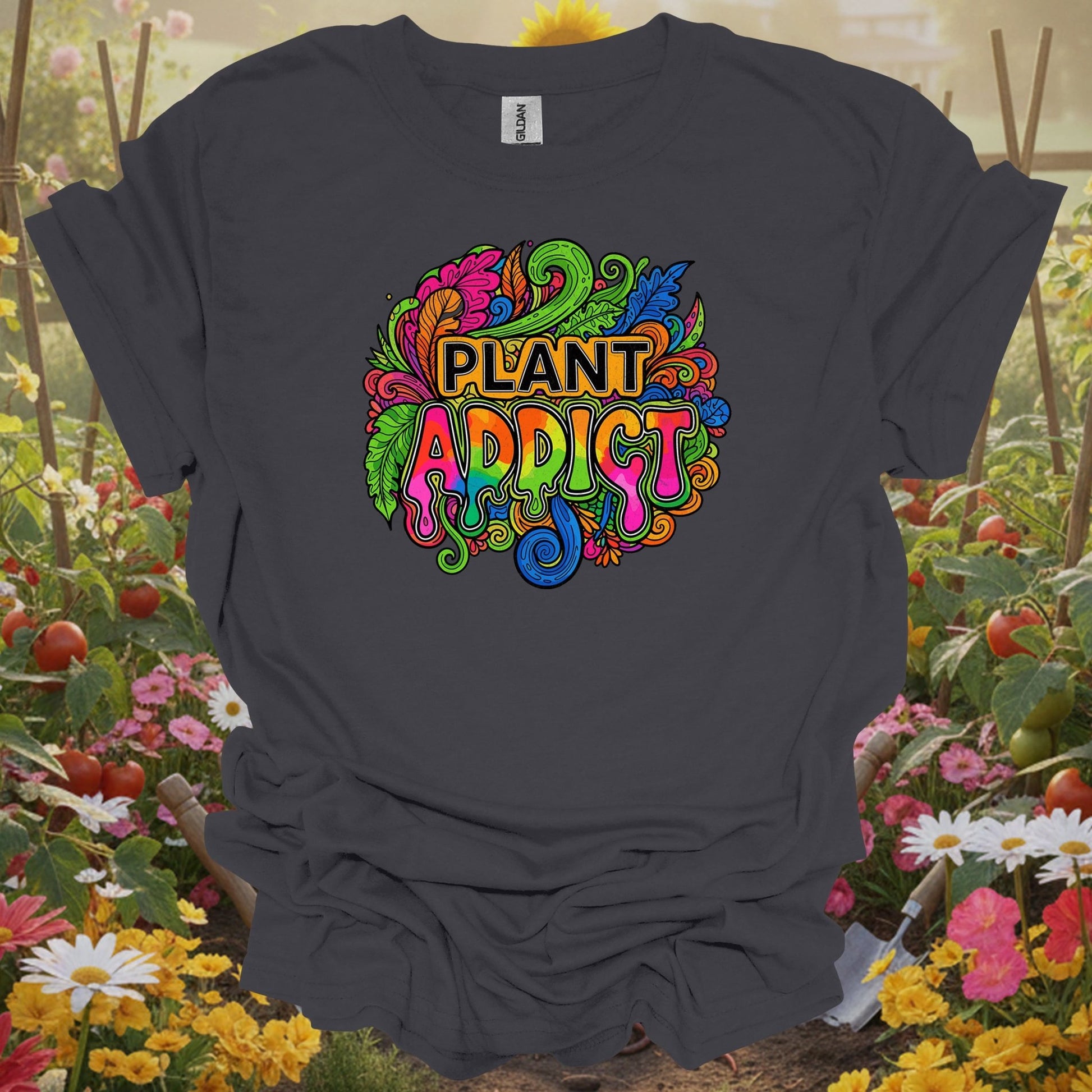 Charcoal tshirt showing plant addict psychedelic doodle art for gardening enthusiasts