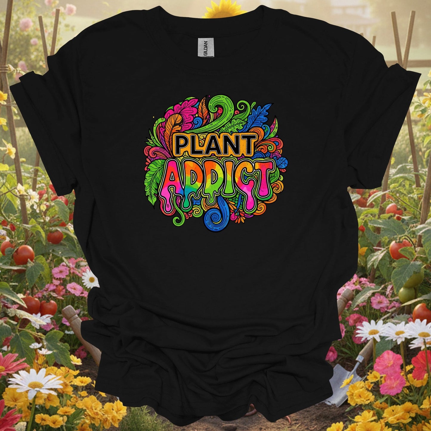 Black shirt showing plant addict psychedelic doodle art for outdoor enthusiasts