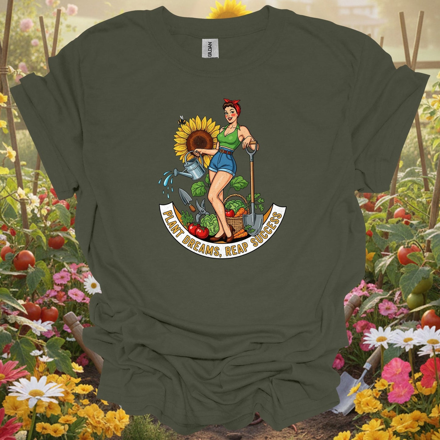 Military green plant dreams reap success gardening shirt for sassy gardeners, vintage art fans, goal-setters, floral lover...