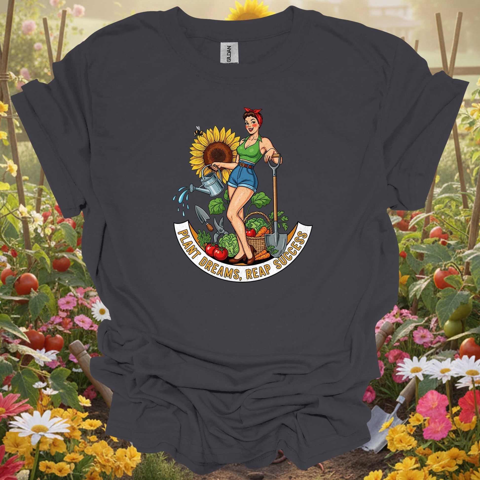 Charcoal gray plant dreams reap success gardening shirt for sassy gardeners, vintage art fans, goal-setters, floral lovers...