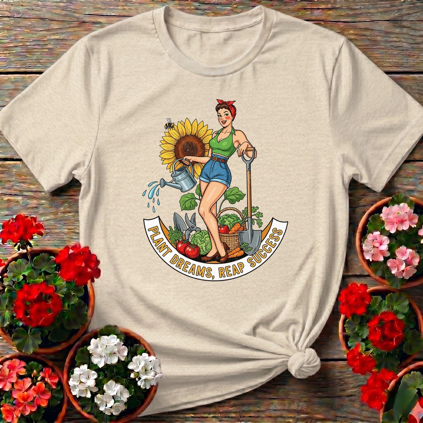 Plant Dreams Reap Success Pin-Up Gardening T-shirt - GardeningTshirts