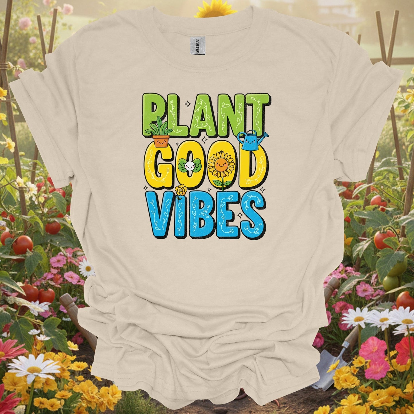 Plant Good Vibes | Happy Kawaii Sunflower Garden Shirt - GardeningTshirts