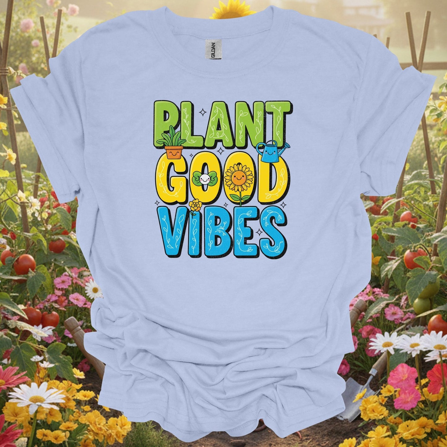 Plant Good Vibes | Happy Kawaii Sunflower Garden Shirt - GardeningTshirts