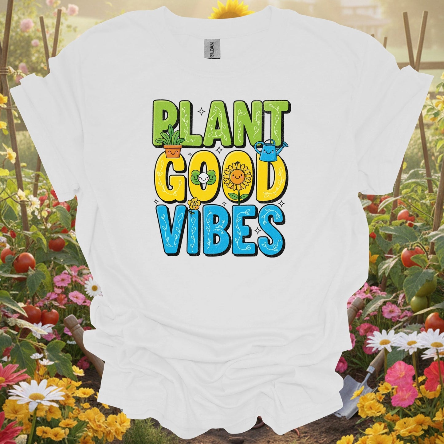Plant Good Vibes | Happy Kawaii Sunflower Garden Shirt - GardeningTshirts