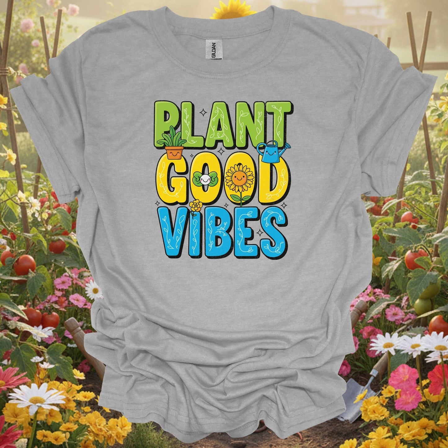 Plant Good Vibes | Happy Kawaii Sunflower Garden Shirt - GardeningTshirts