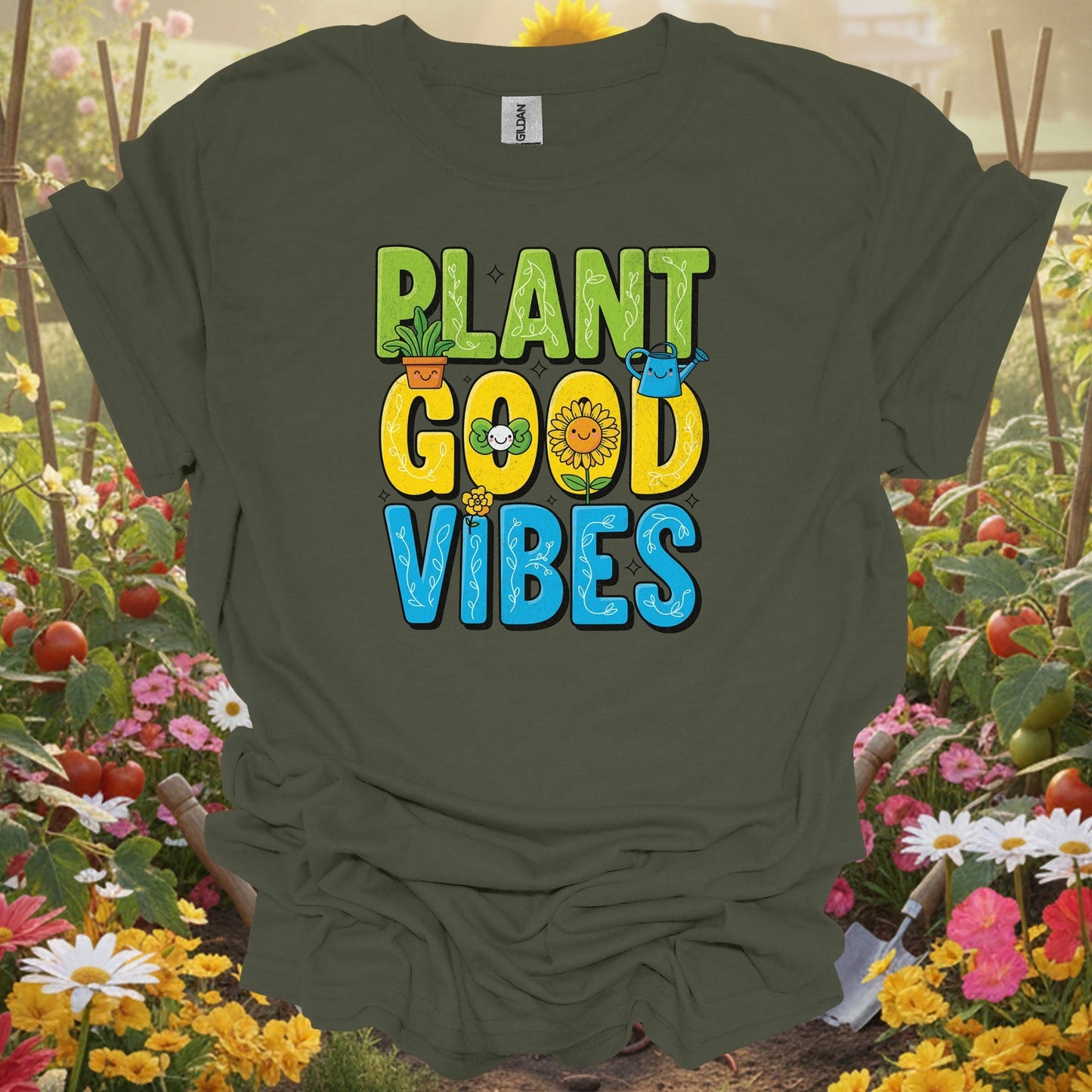 Plant Good Vibes | Happy Kawaii Sunflower Garden Shirt - GardeningTshirts