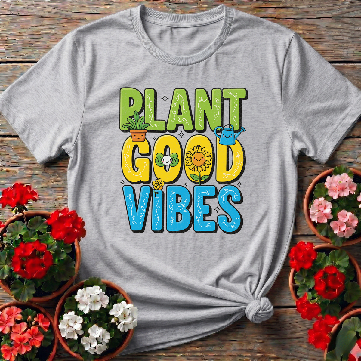 Plant Good Vibes Kawaii Sunflower Garden Tshirt - GardeningTshirts