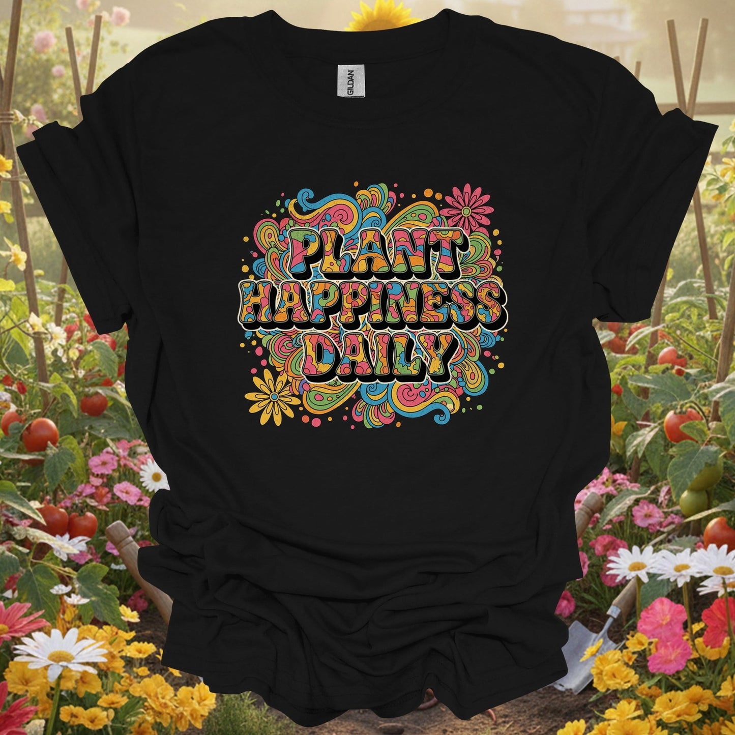 "Plant Happiness Daily" Psychedelic Groovy T-Shirt - GardeningTshirts