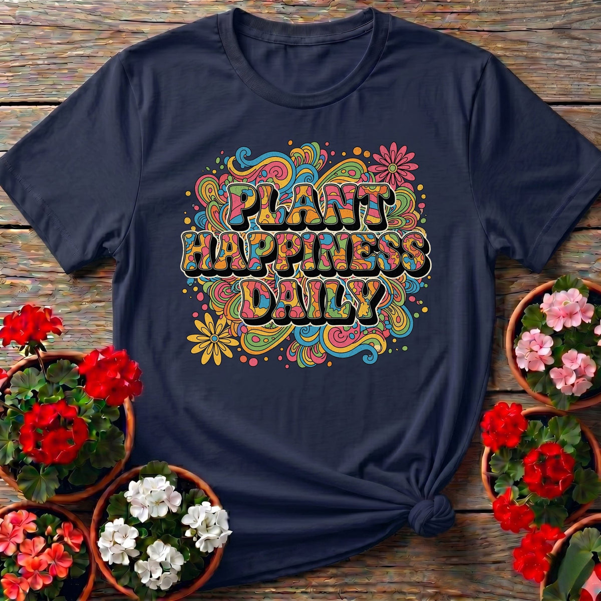 Navy funky floral t-shirt with "Plant Happiness Daily" for folks who garden with good vibes