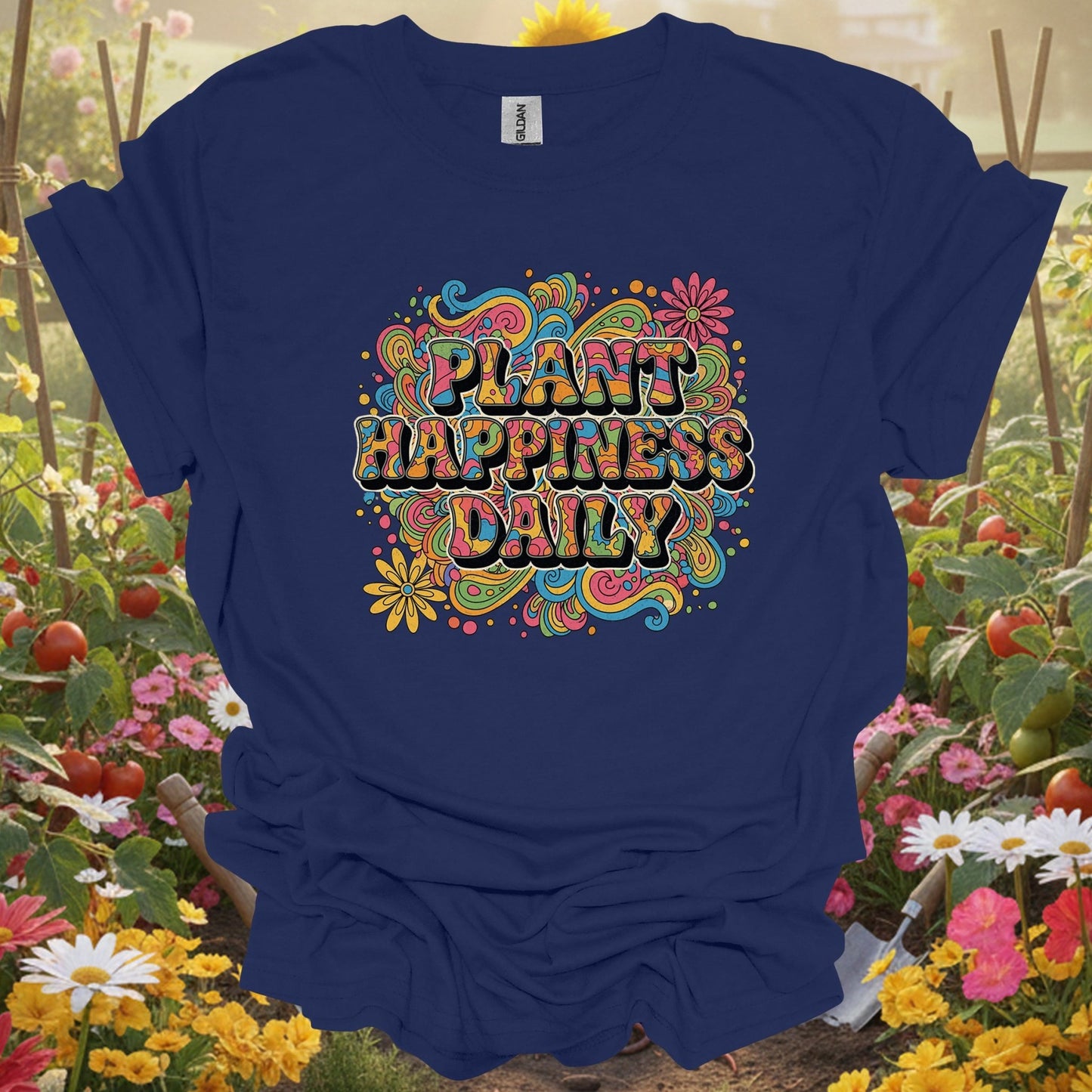 "Plant Happiness Daily" Psychedelic Groovy T-Shirt - GardeningTshirts