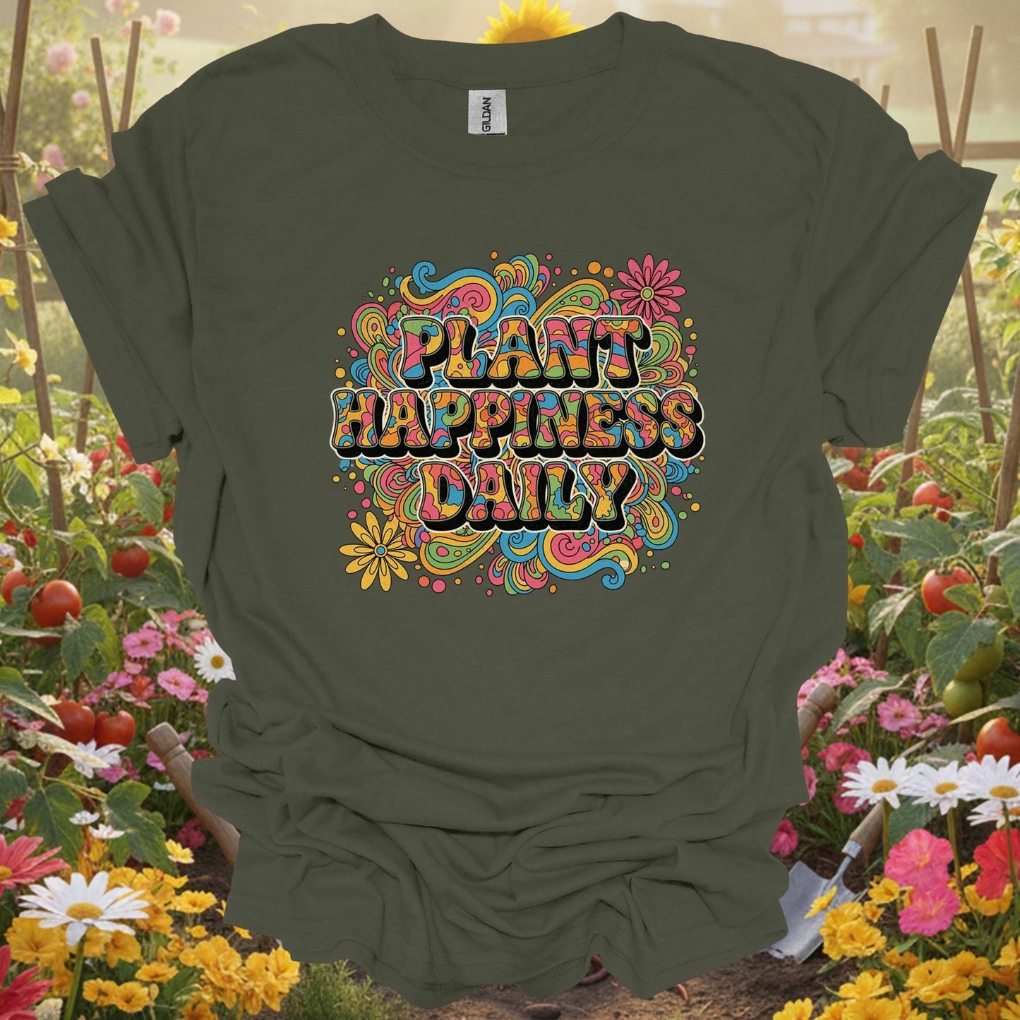 "Plant Happiness Daily" Psychedelic Groovy T-Shirt - GardeningTshirts