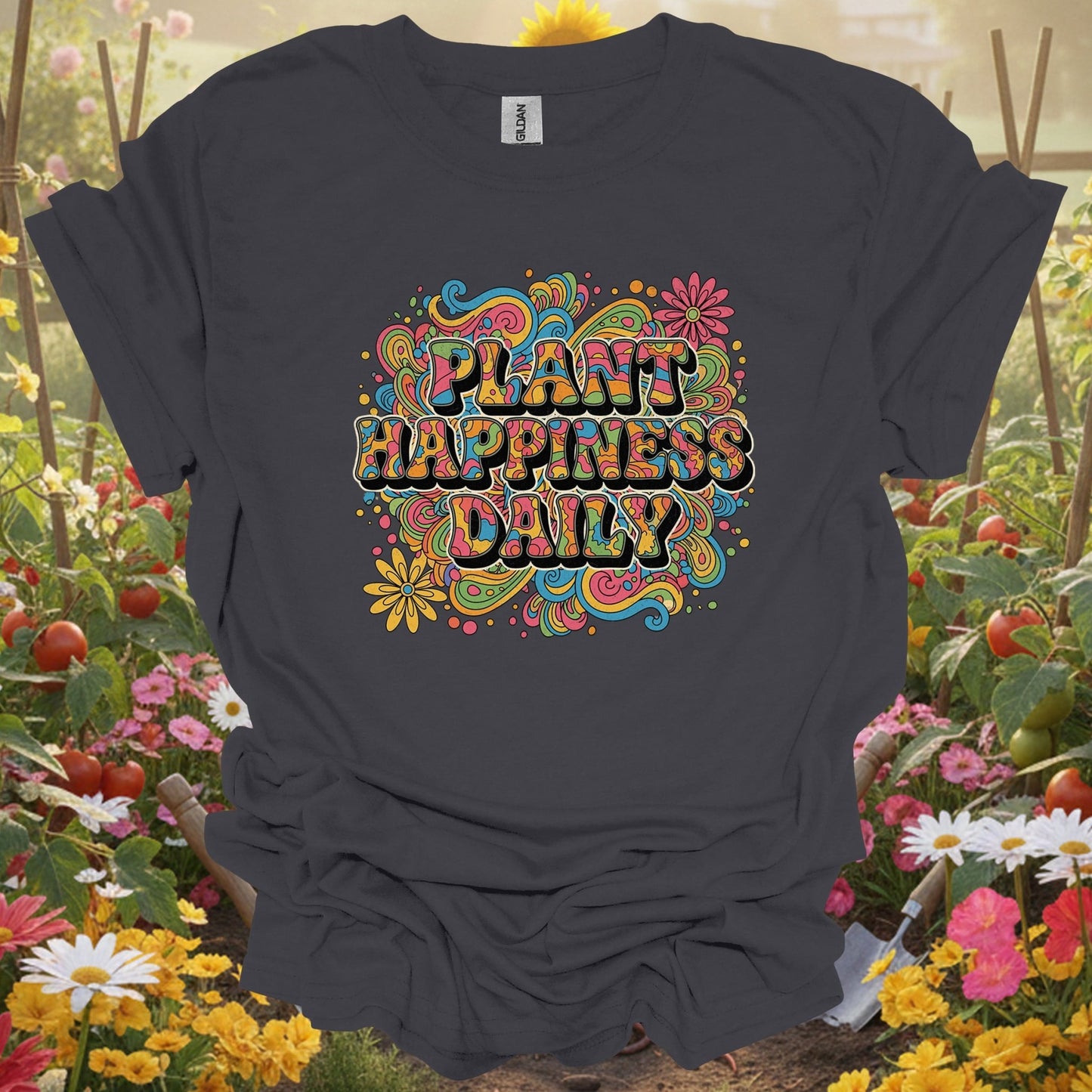 "Plant Happiness Daily" Psychedelic Groovy T-Shirt - GardeningTshirts