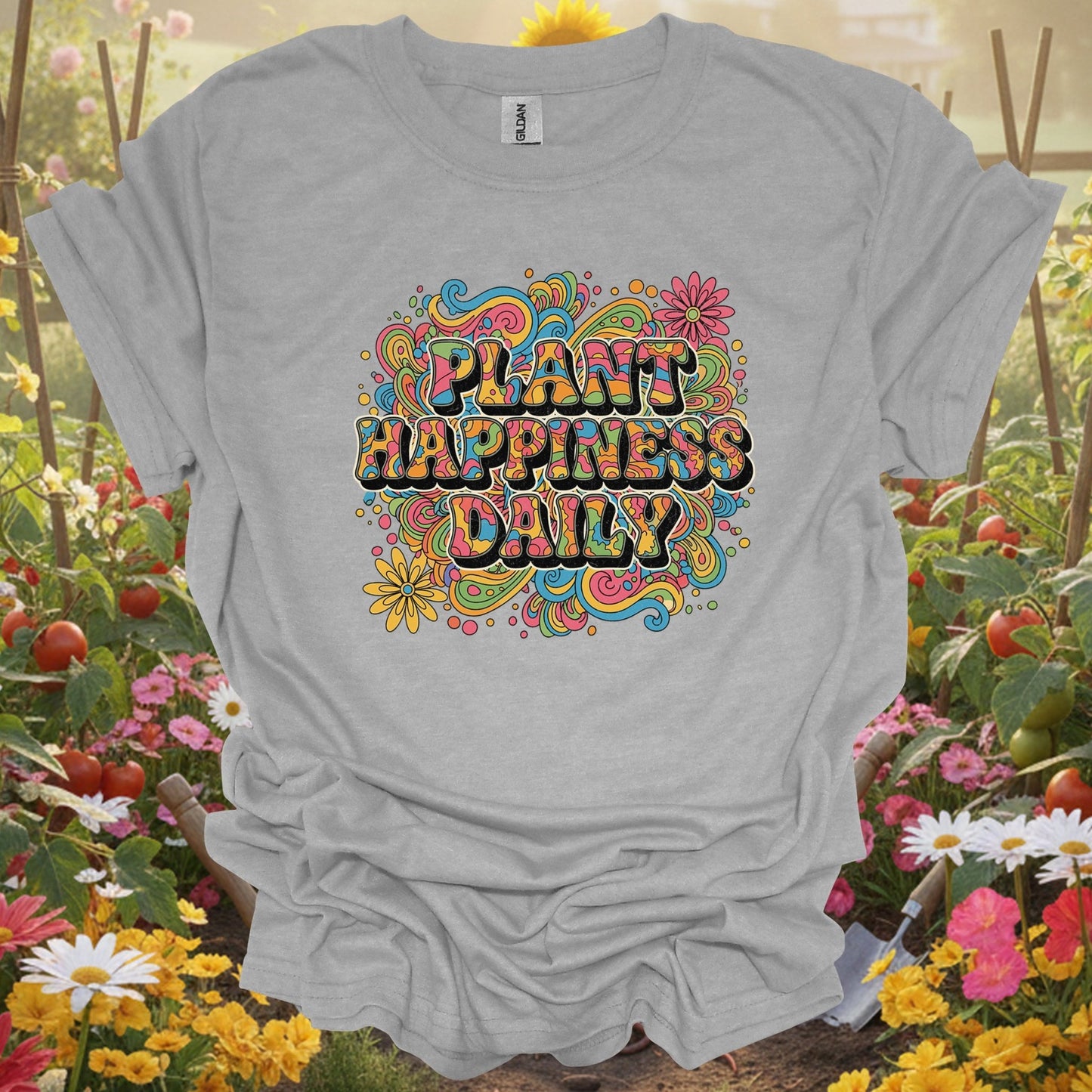 "Plant Happiness Daily" Psychedelic Groovy T-Shirt - GardeningTshirts