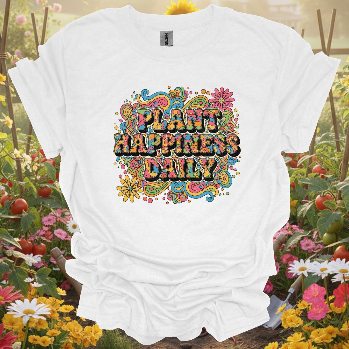 "Plant Happiness Daily" Psychedelic Groovy T-Shirt - GardeningTshirts