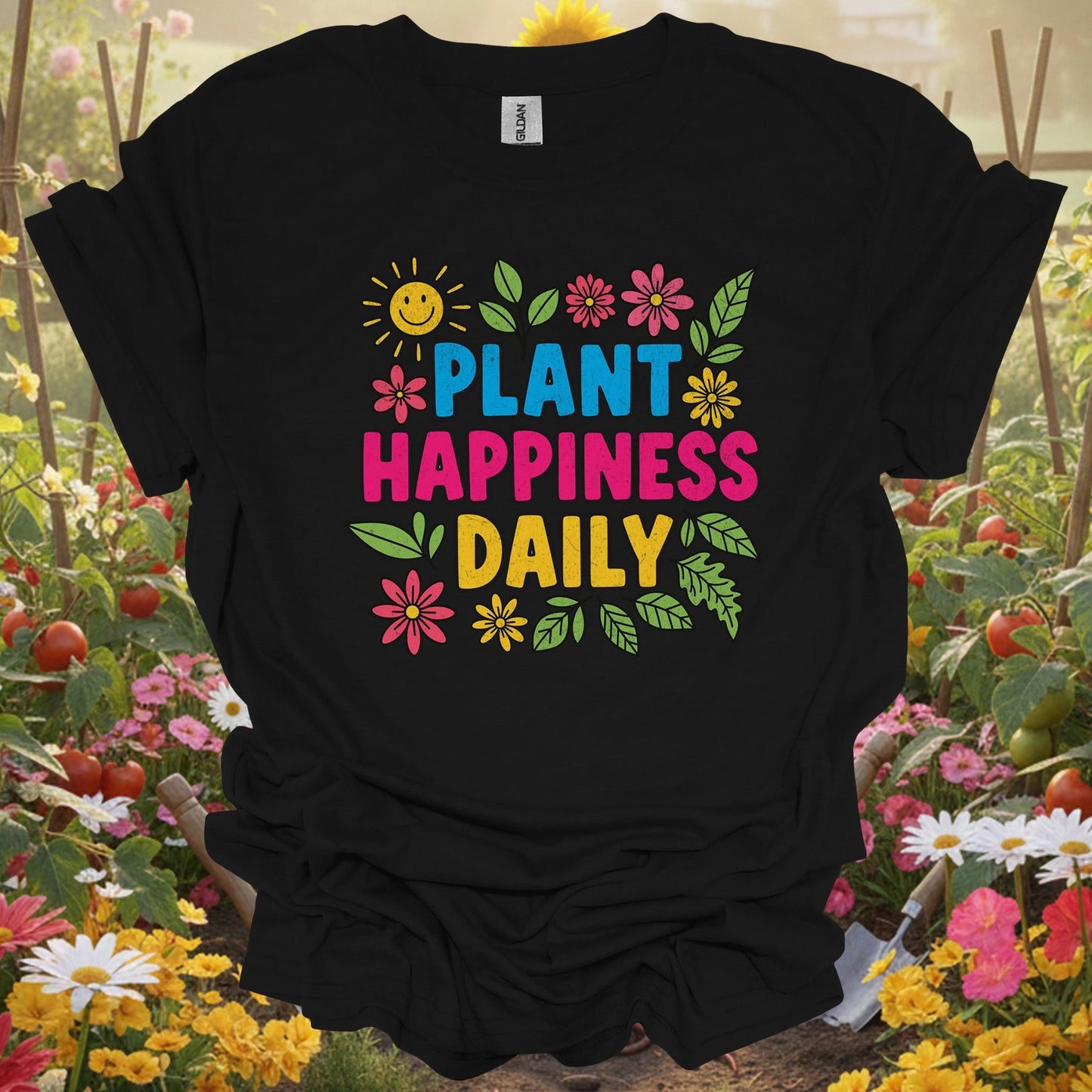 "Plant Happiness Daily" Vibrant Flower Power Gardener T-Shirt - GardeningTshirts