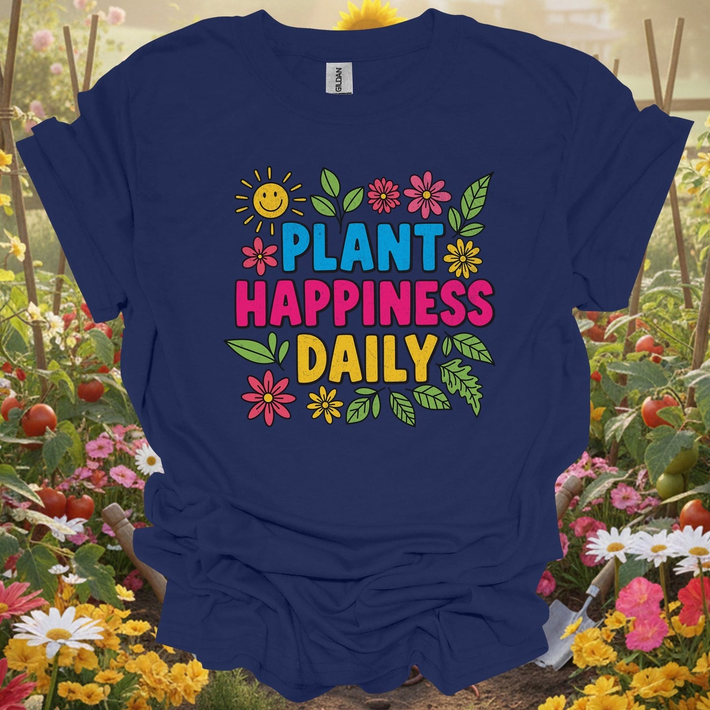 "Plant Happiness Daily" Vibrant Flower Power Gardener T-Shirt - GardeningTshirts