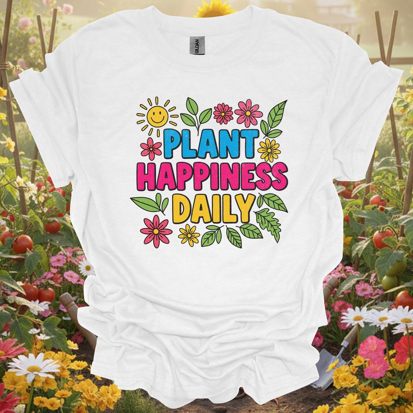 "Plant Happiness Daily" Vibrant Flower Power Gardener T-Shirt - GardeningTshirts