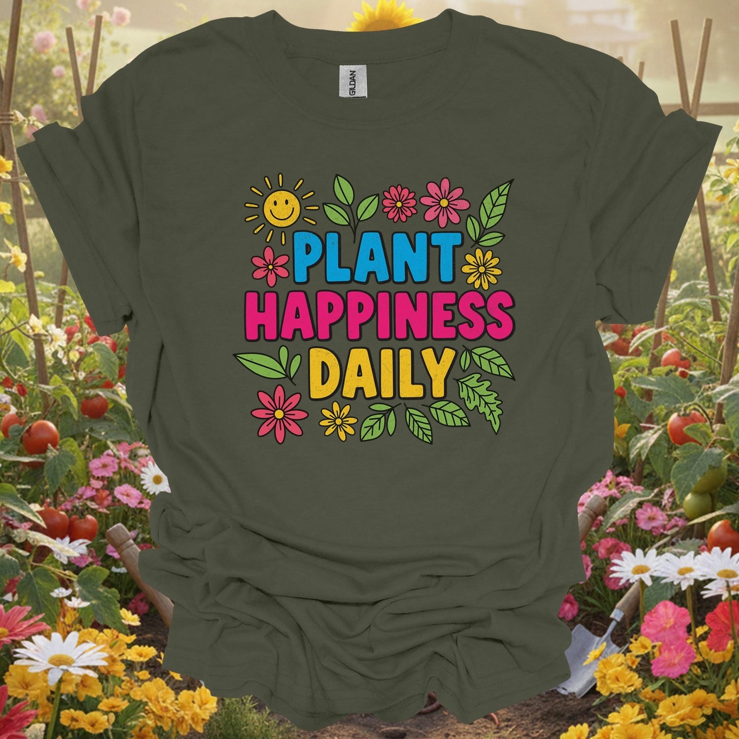 "Plant Happiness Daily" Vibrant Flower Power Gardener T-Shirt - GardeningTshirts