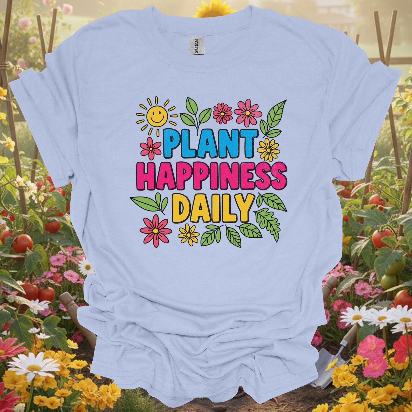 "Plant Happiness Daily" Vibrant Flower Power Gardener T-Shirt - GardeningTshirts