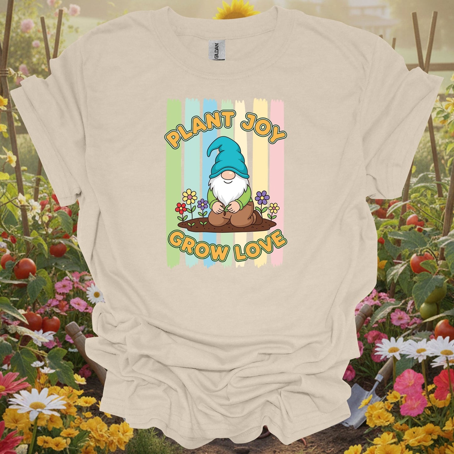 Natural tshirt showing plant joy grow love whimsical garden gnome for garden ornament fans