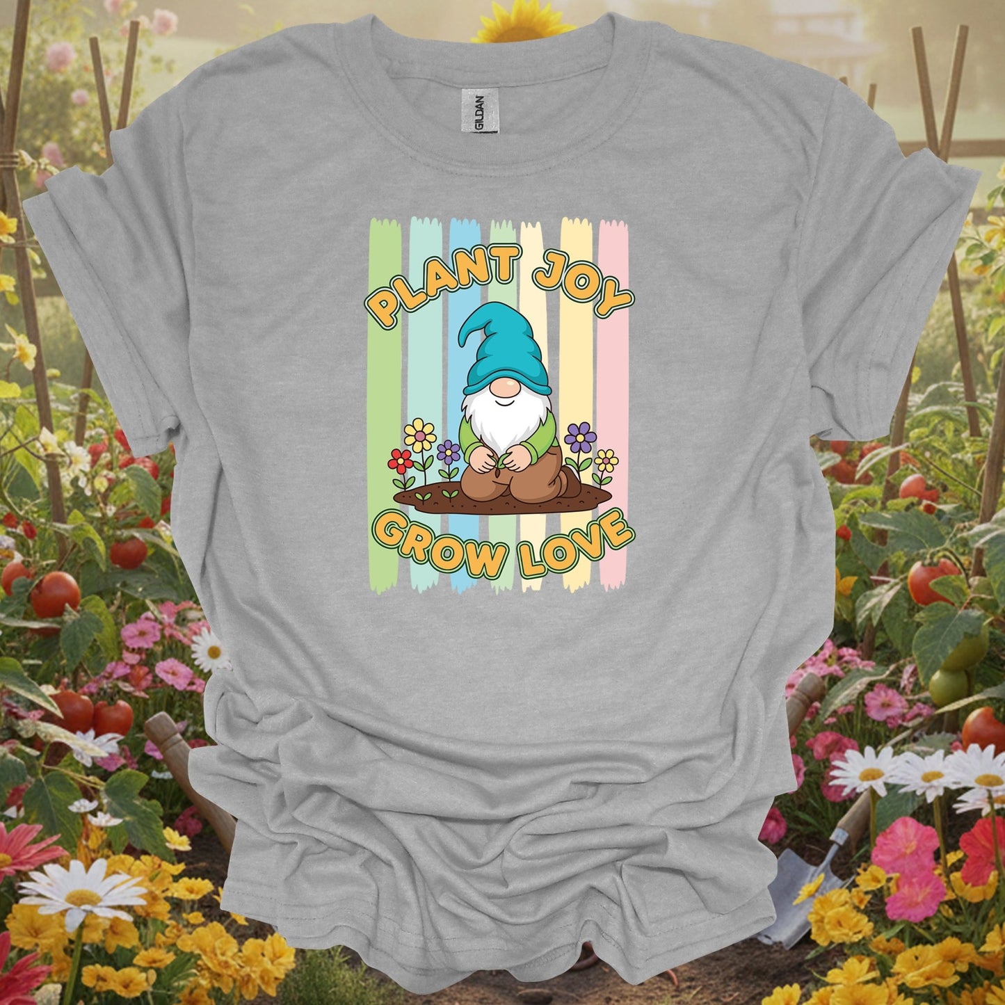 Sport Grey tshirt showing plant joy grow love whimsical garden gnome for gnome lovers