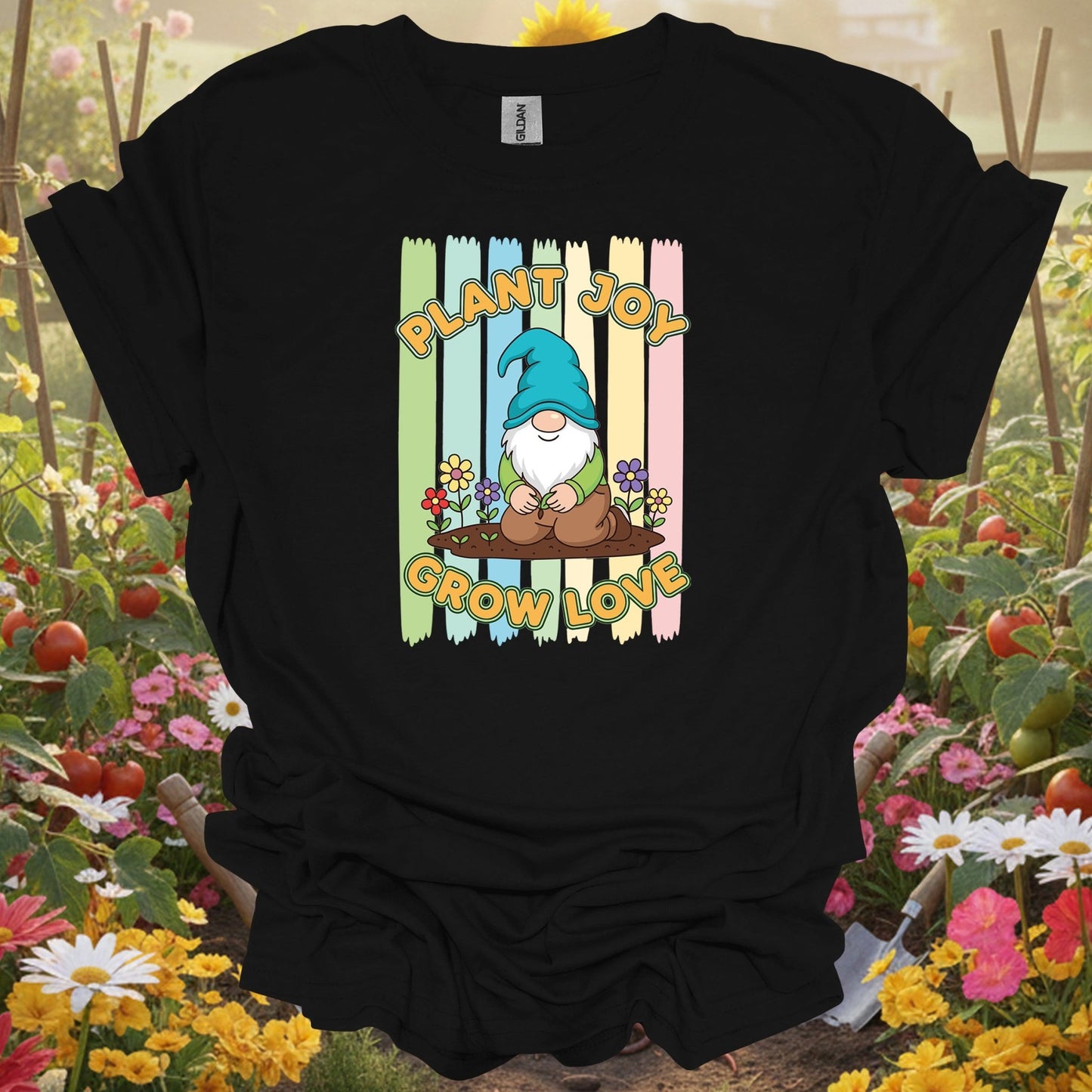 Black shirt showing plant joy grow love whimsical garden gnome for fantasy garden keepers