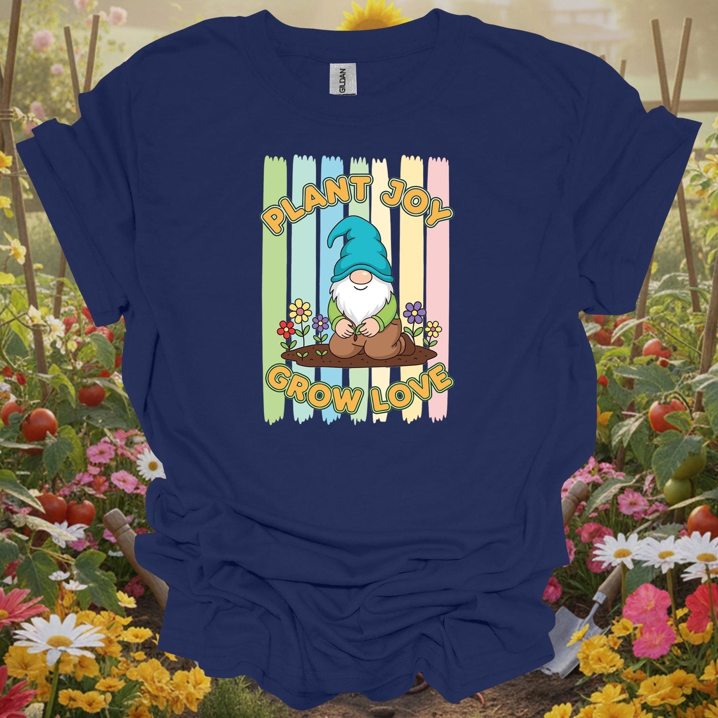 Navy shirt showing plant joy grow love whimsical garden gnome for garden gnome enthusiasts