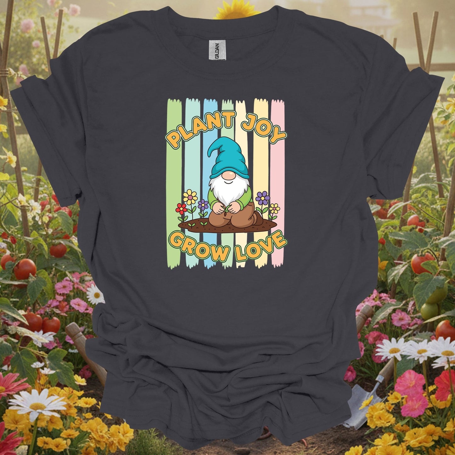 Charcoal tshirt showing plant joy grow love whimsical garden gnome for gnome collectors