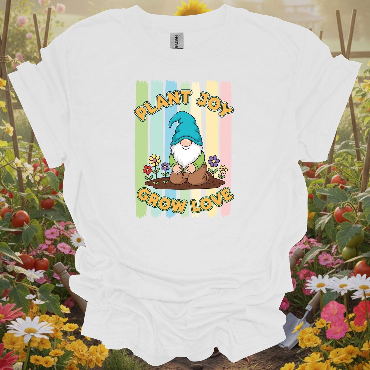 White tee showing plant joy grow love whimsical garden gnome for whimsy collectors