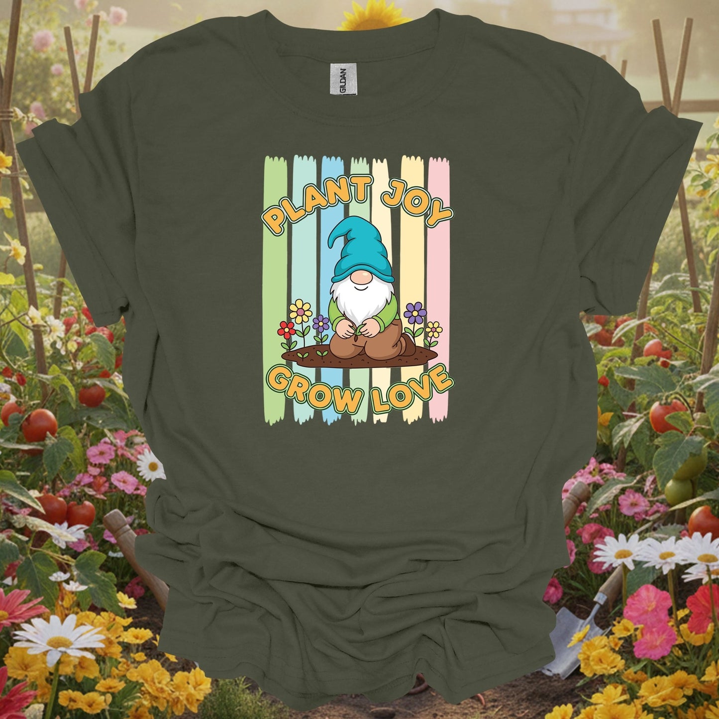 Military Green top showing plant joy grow love whimsical garden gnome for people with gnome gardens