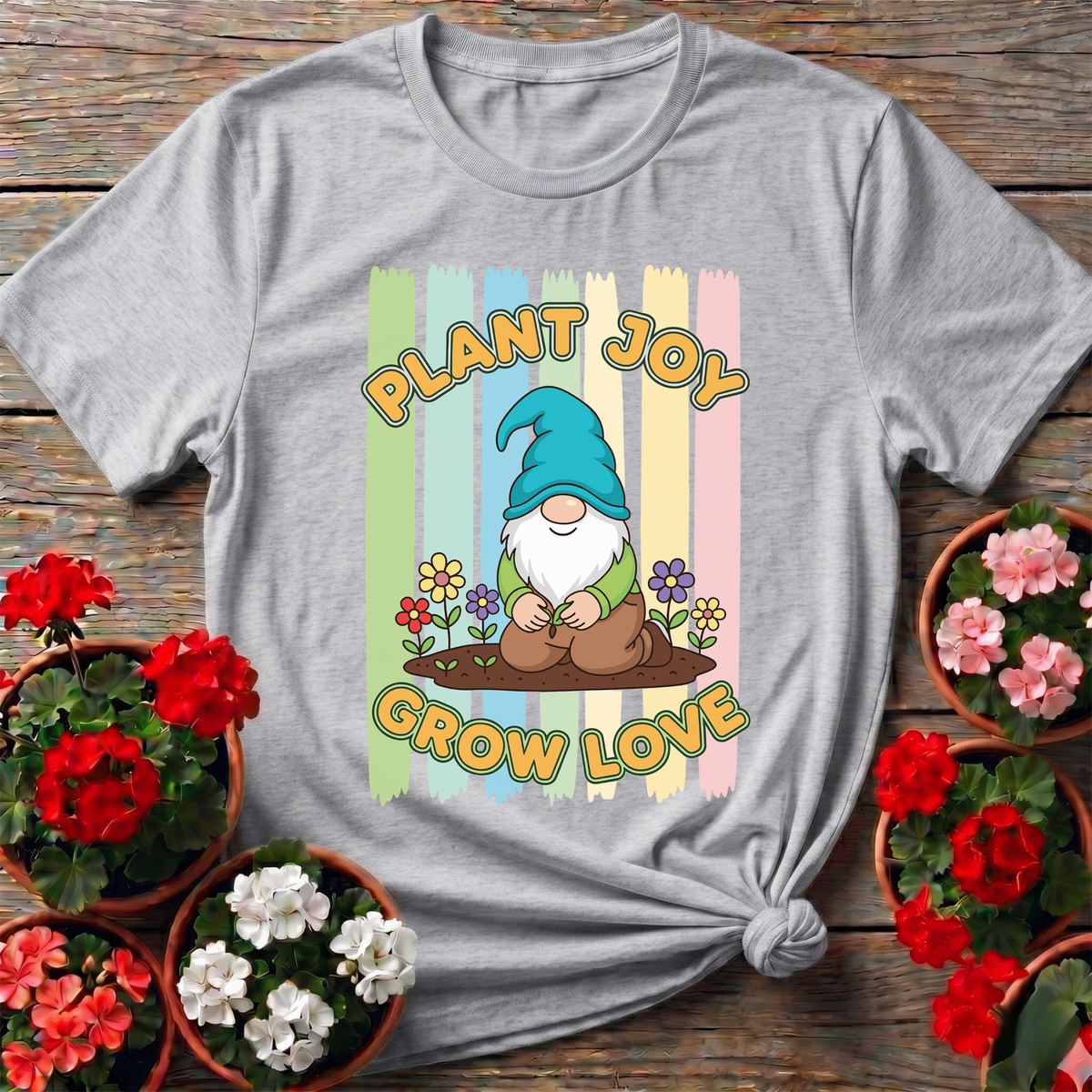 Plant Joy Grow Love Whimsical Garden Gnome T-shirt - GardeningTshirts
