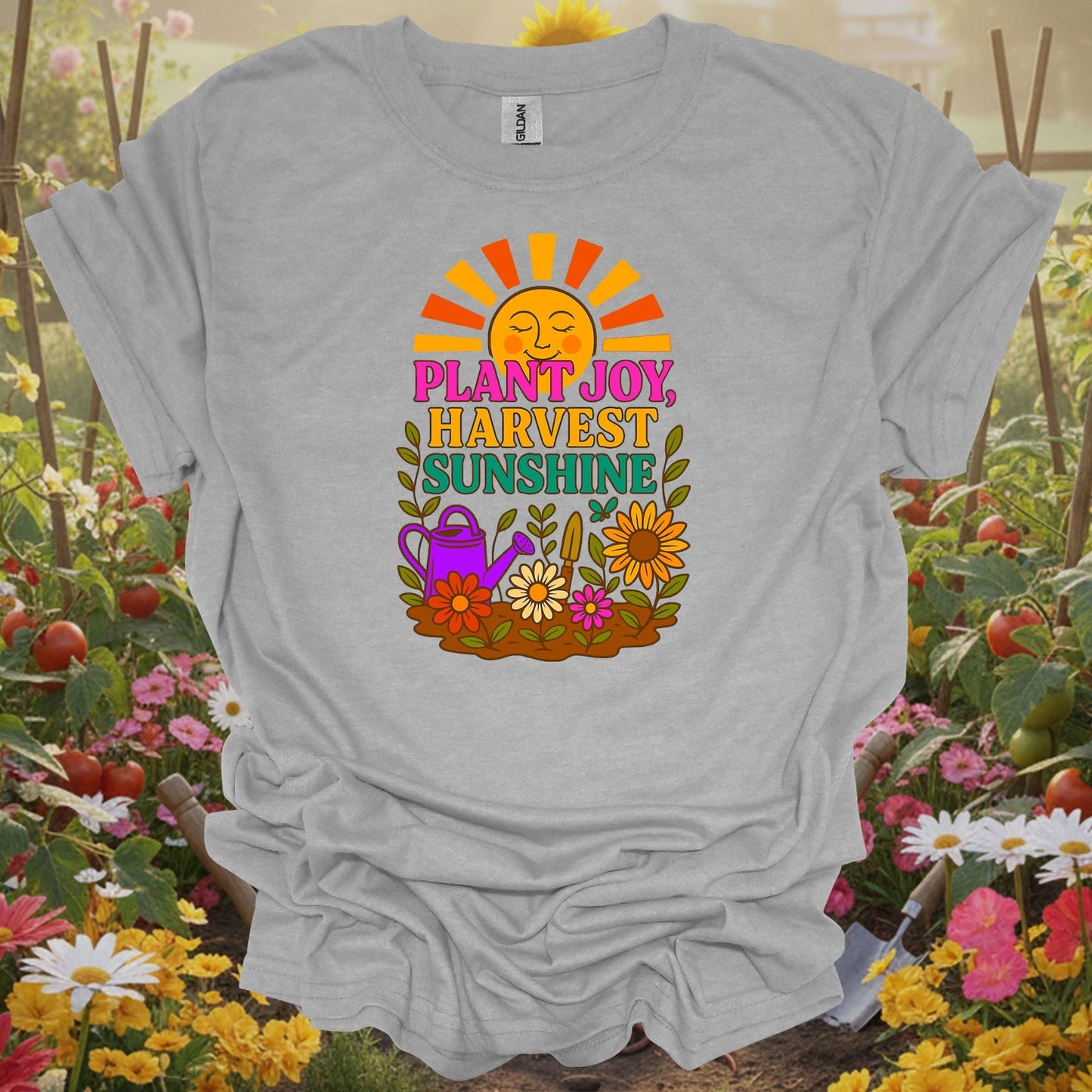 Sport Grey tshirt showing plant joy harvest sunshine retro happy sun for gardening enthusiasts