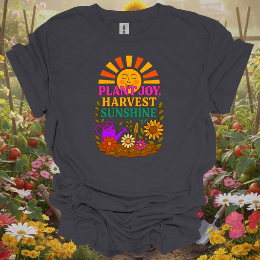 Charcoal tee showing plant joy harvest sunshine retro happy sun for plant lovers