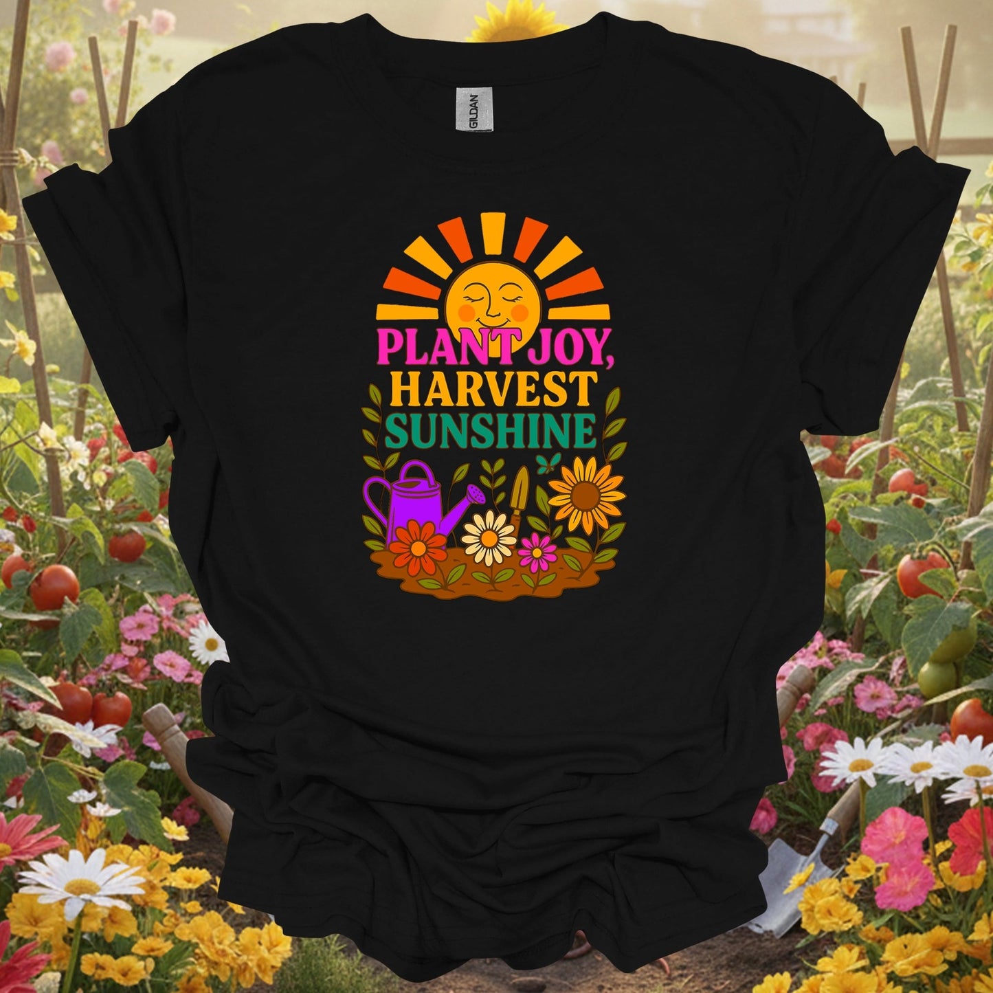 Black shirt showing plant joy harvest sunshine retro happy sun for outdoor enthusiasts