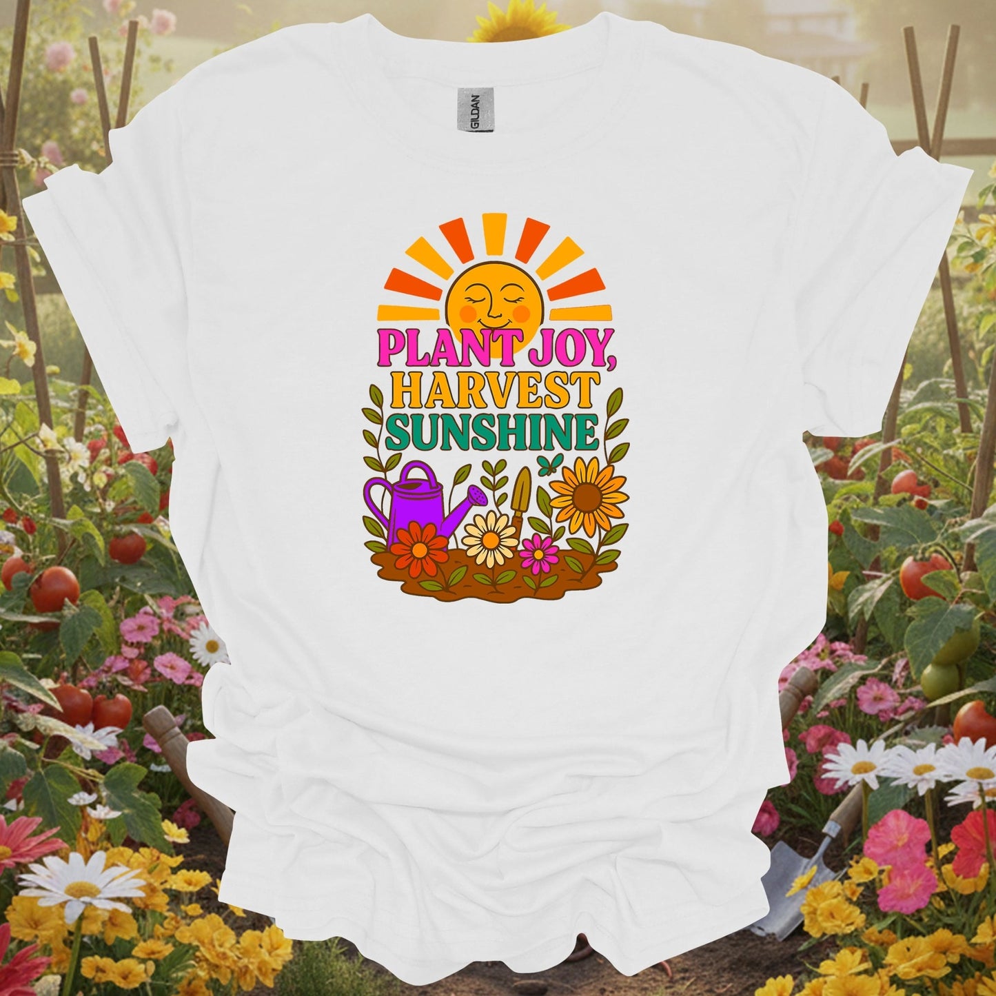 White tee showing plant joy harvest sunshine retro happy sun for garden hobbyists