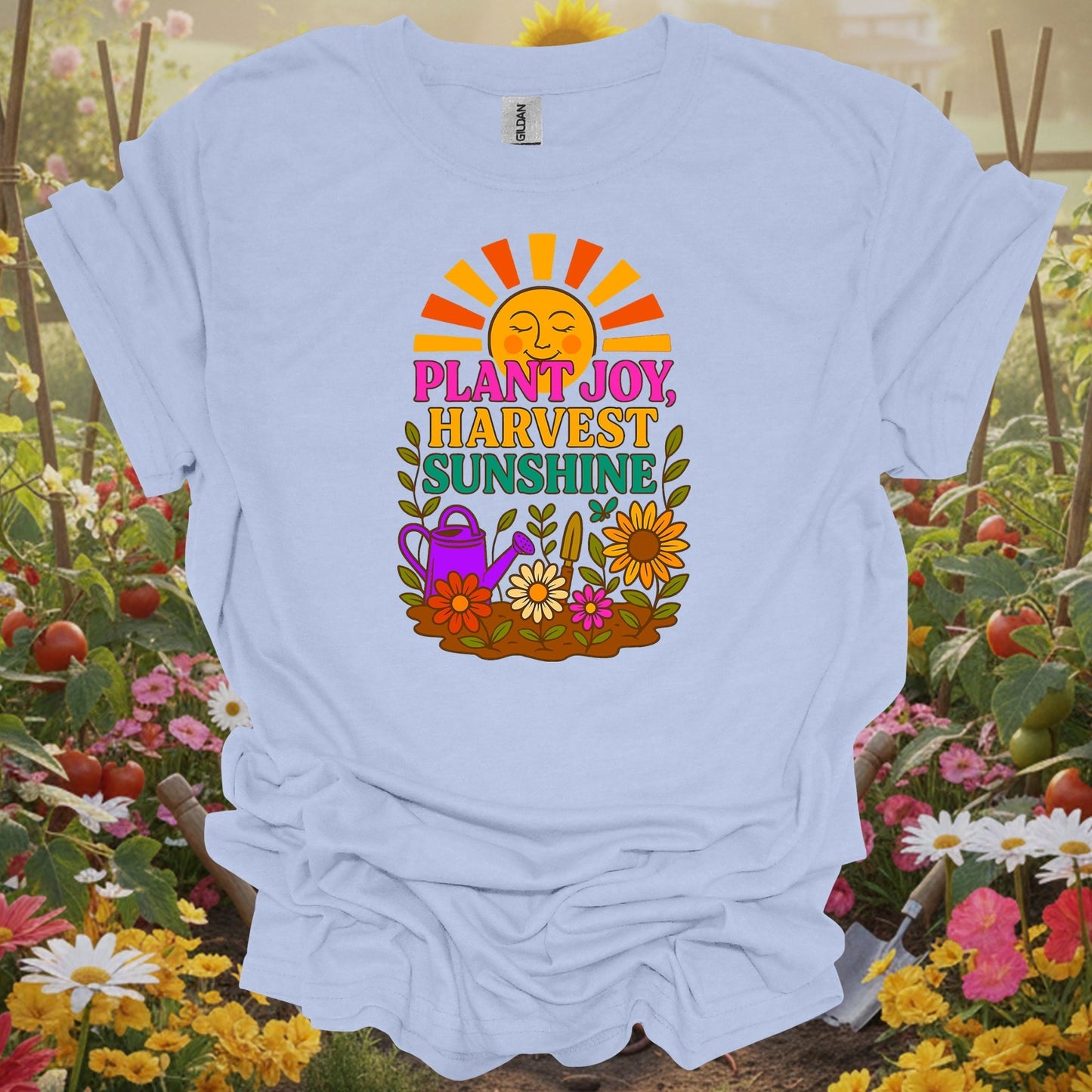 Light Blue shirt showing plant joy harvest sunshine retro happy sun for home gardeners