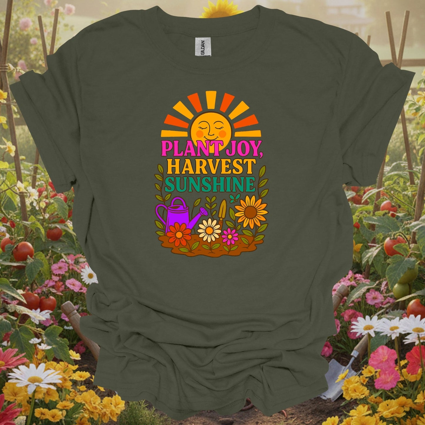 Military Green top showing plant joy harvest sunshine retro happy sun for nature lovers