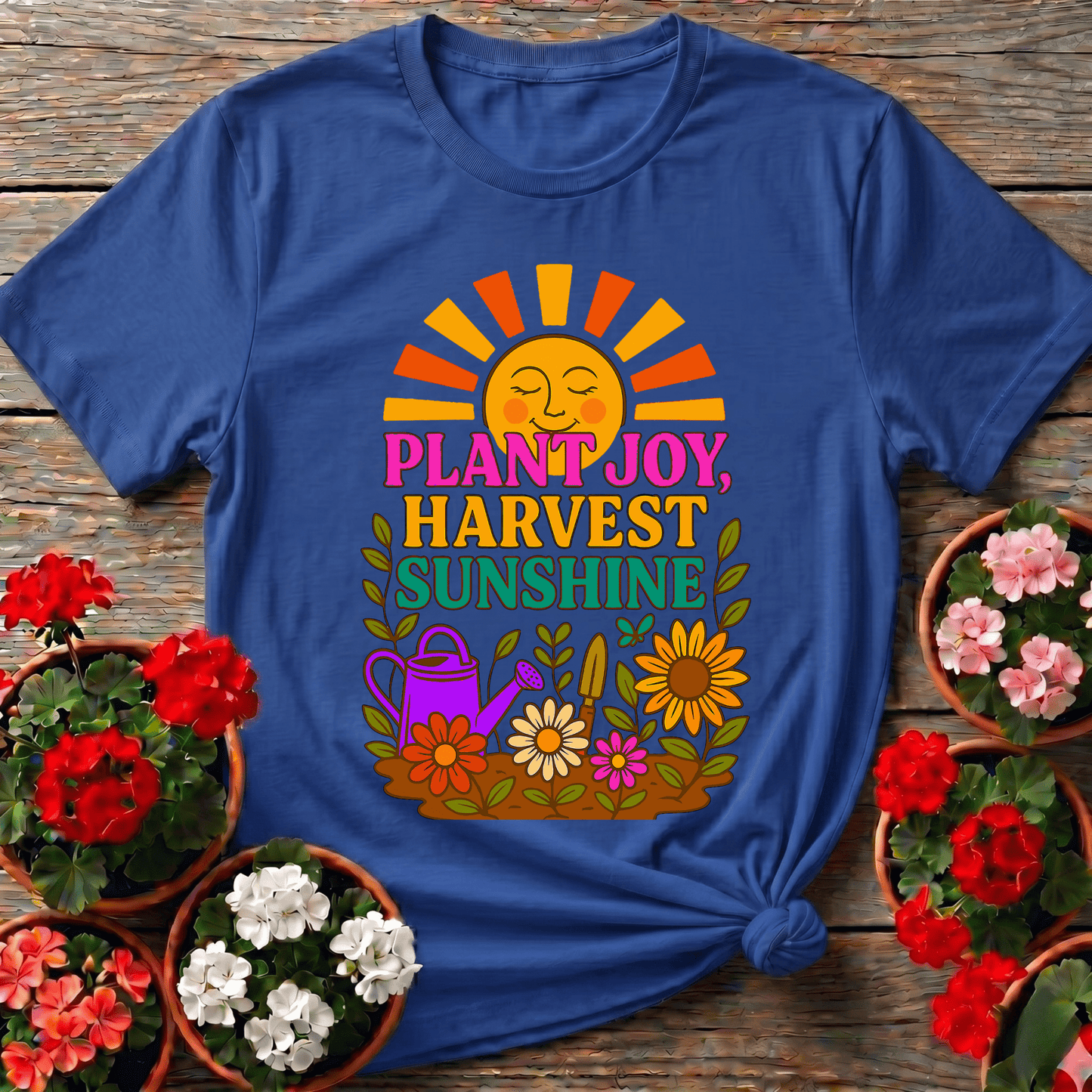 Plant Joy Harvest Sunshine Retro Happy Sun Tee - GardeningTshirts